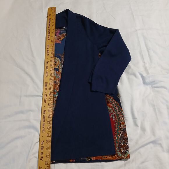 Chico's Sz3 US XL Navy Open Long-sleeved Cardigan Sweater Printed Crepe Back - Picture 7 of 7